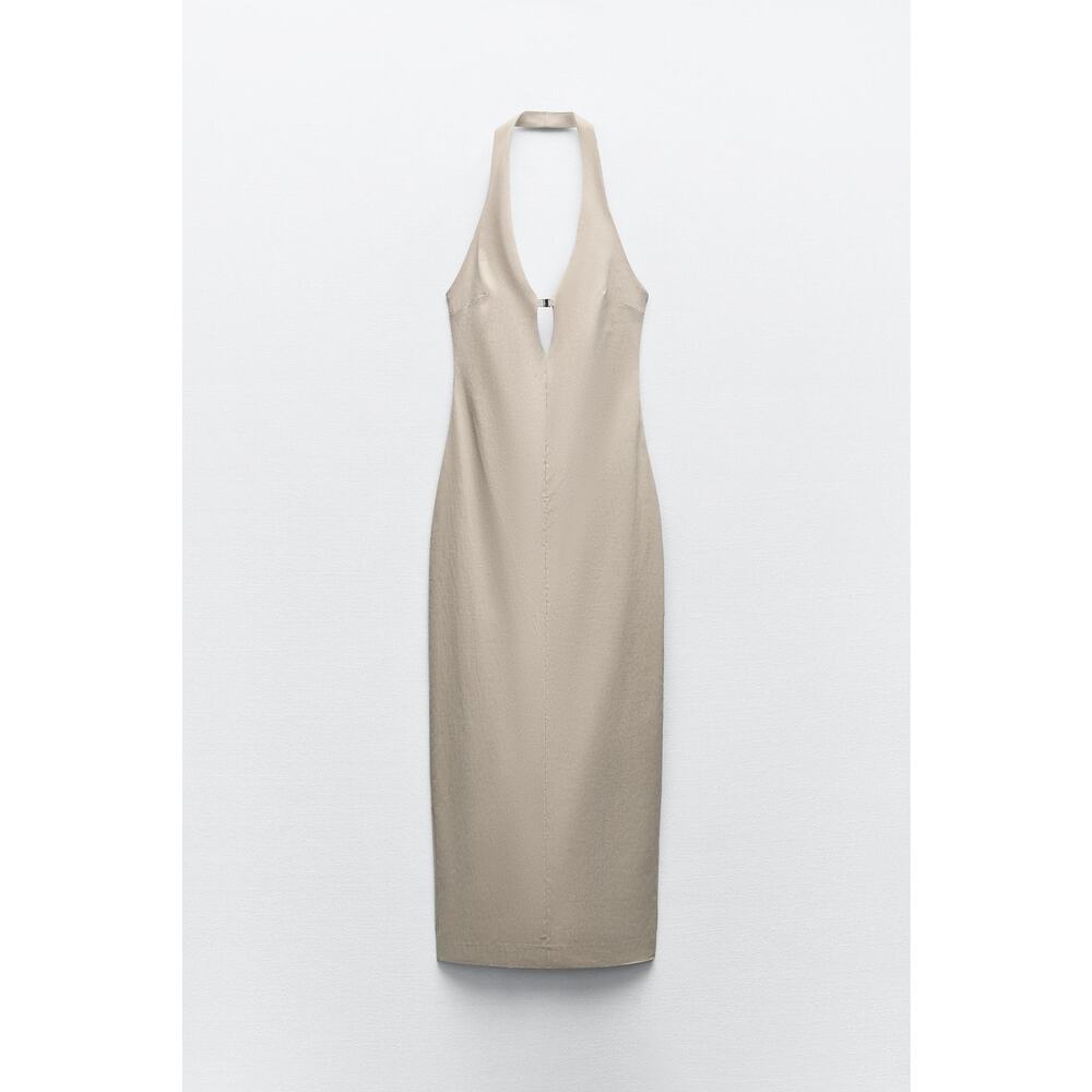 Zara Taupe Halter Bodycon Midi Dress Cut Out Stretch Fitted Evening NWT Size L - Picture 15 of 16